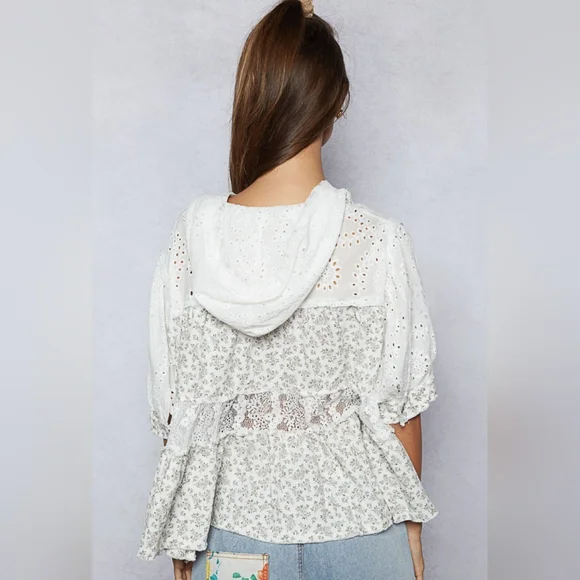 🌞#496 POL ROUND NECK BALLOON HALF SLEEVE HOODIE TOP - Picture 5 of 5